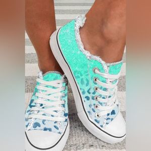 Boutique Mint Green Leopard Print Sneakers Tennis Shoes